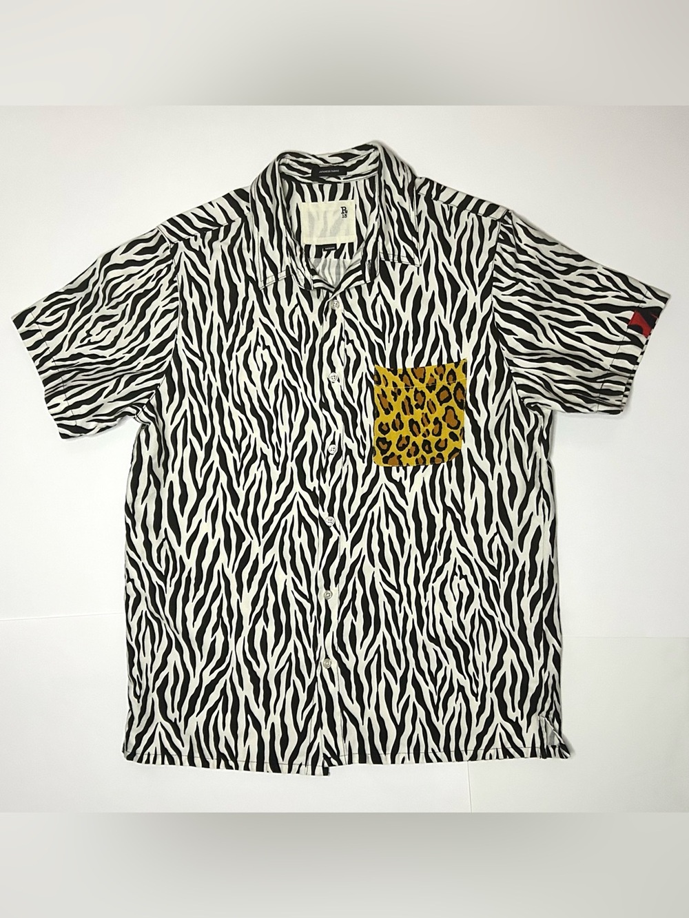 R13 Tony Shirt Black & White Zebra Button-Down with Yellow Leopard Chest Pocket